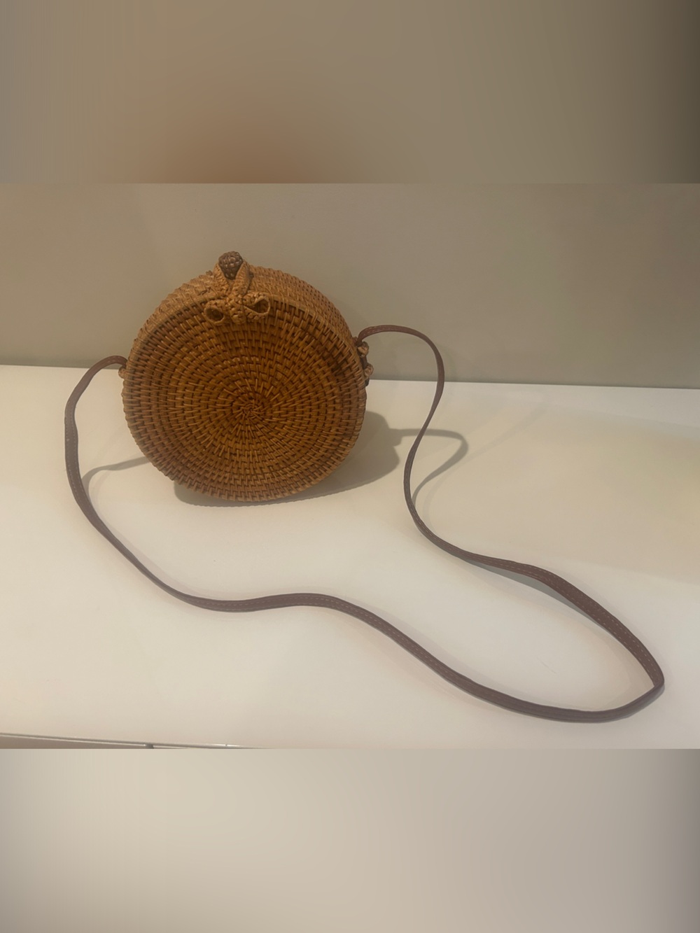 Woven Round Crossbody Bag in Brown with Leather Strap
